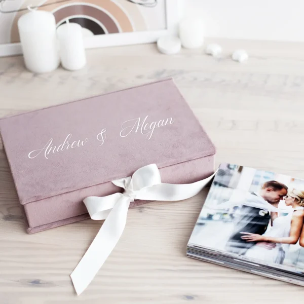 Velvet Folio Box with 20 Printed Photocards, Ribbon Closure