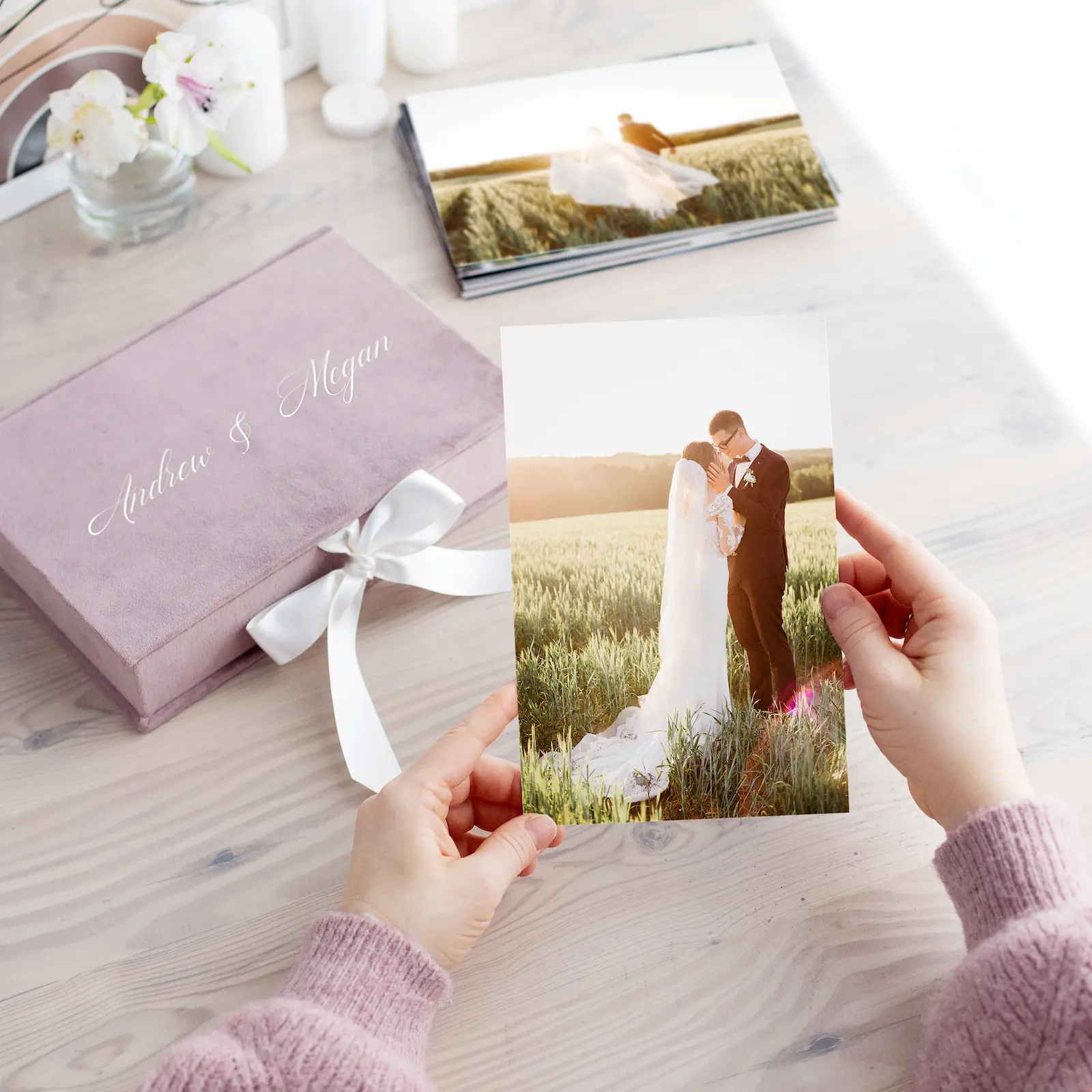 Velvet Folio Box with 20 Printed Photocards, Ribbon Closure - Image 2