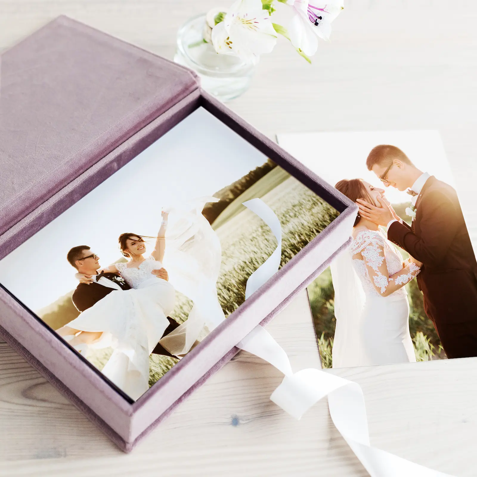 Velvet Folio Box with 20 Printed Photocards, Ribbon Closure - Image 4