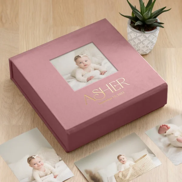 Velvet Baby Keepsake Box, Photo Window, Magnet Closure