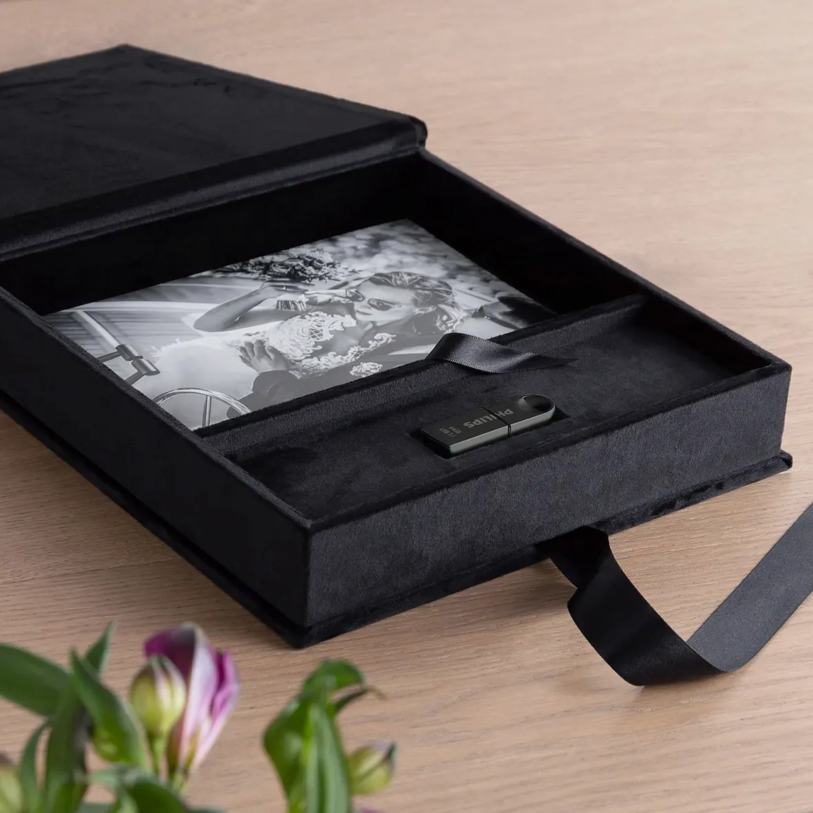 Velvet Folio Box with 20 Printed Photocards, Ribbon Closure - Image 2