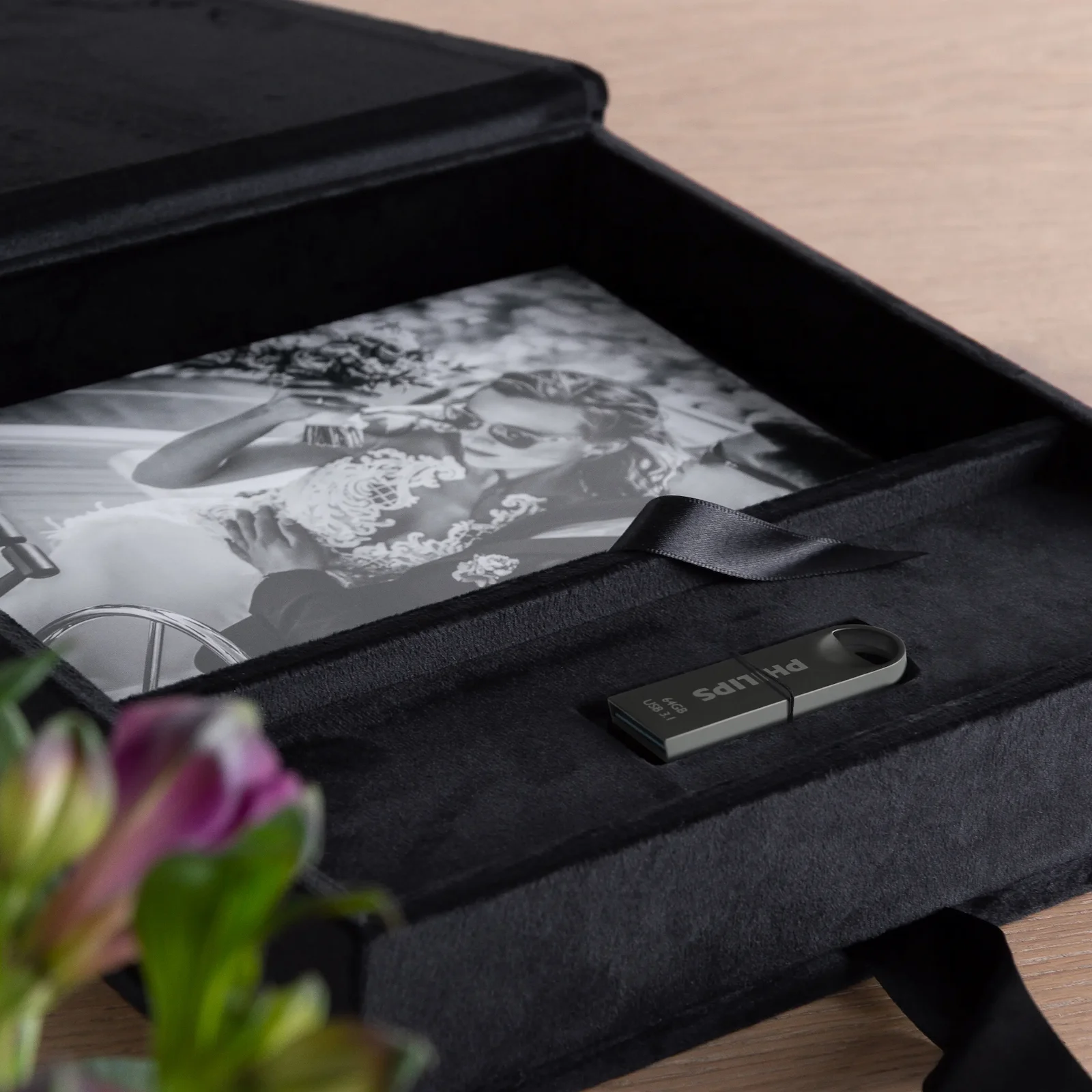Velvet Folio Box with 20 Printed Photocards, Ribbon Closure