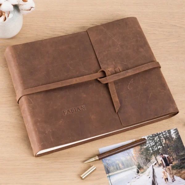 Leather Traditional Photo Album, Rustic Crazy Horse Leather, Wrap tie closure