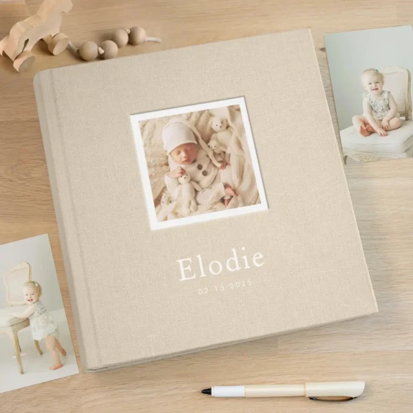 Linen Traditional Baby Photo Album, Photo Window, Design B248