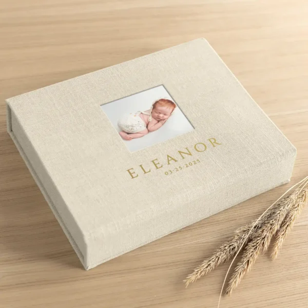Linen Baby Keepsake Box, Photo Window, Magnet Closure