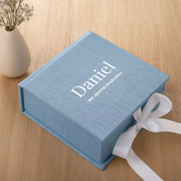 Linen Baby Keepsake Box with Ribbon Closure