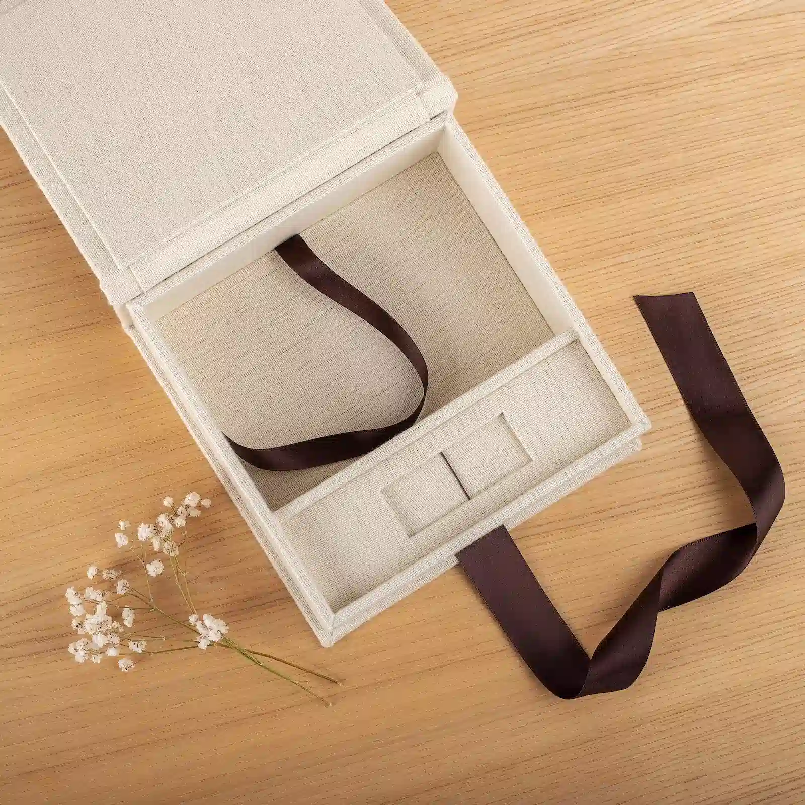 Linen Photo Box with USB Slot, Ribbon Closure - Image 2