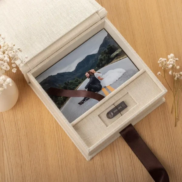 Linen Photo Box with USB Slot, Ribbon Closure