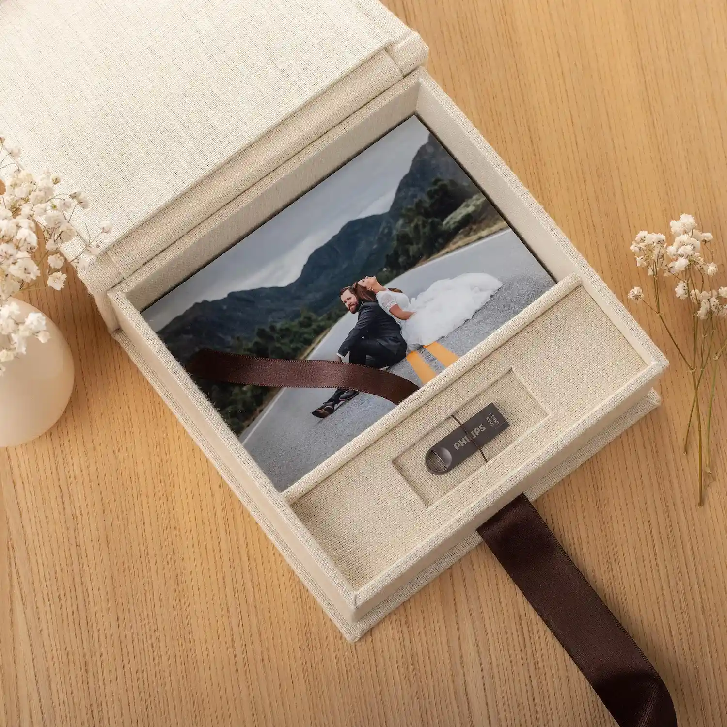 Linen Photo Box with USB Slot, Ribbon Closure